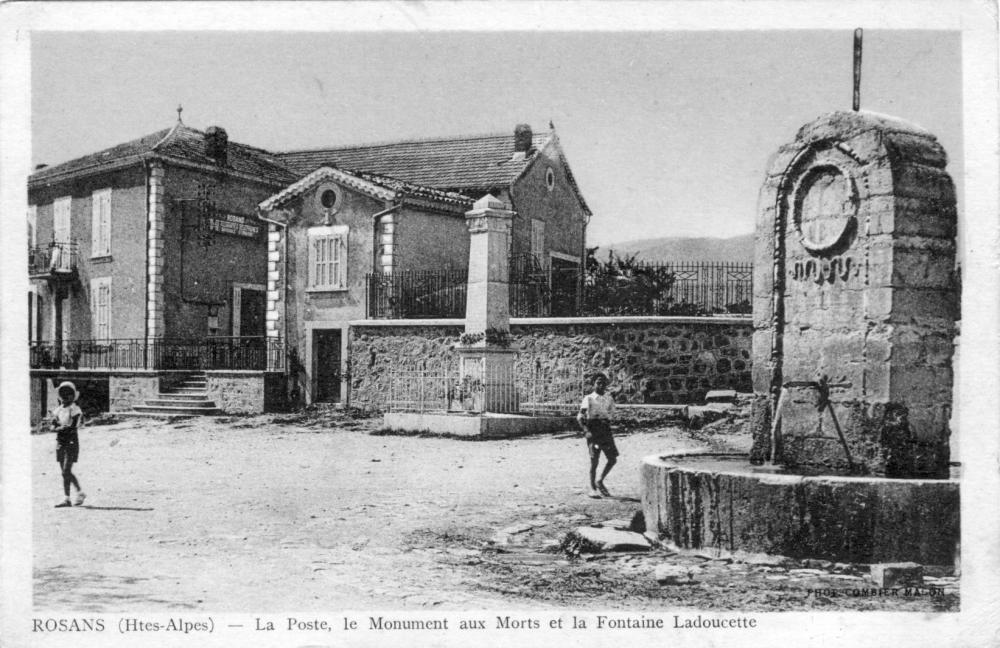 Rosans- La Poste, le Monument aux Morts et la Fontaine Ladoucette